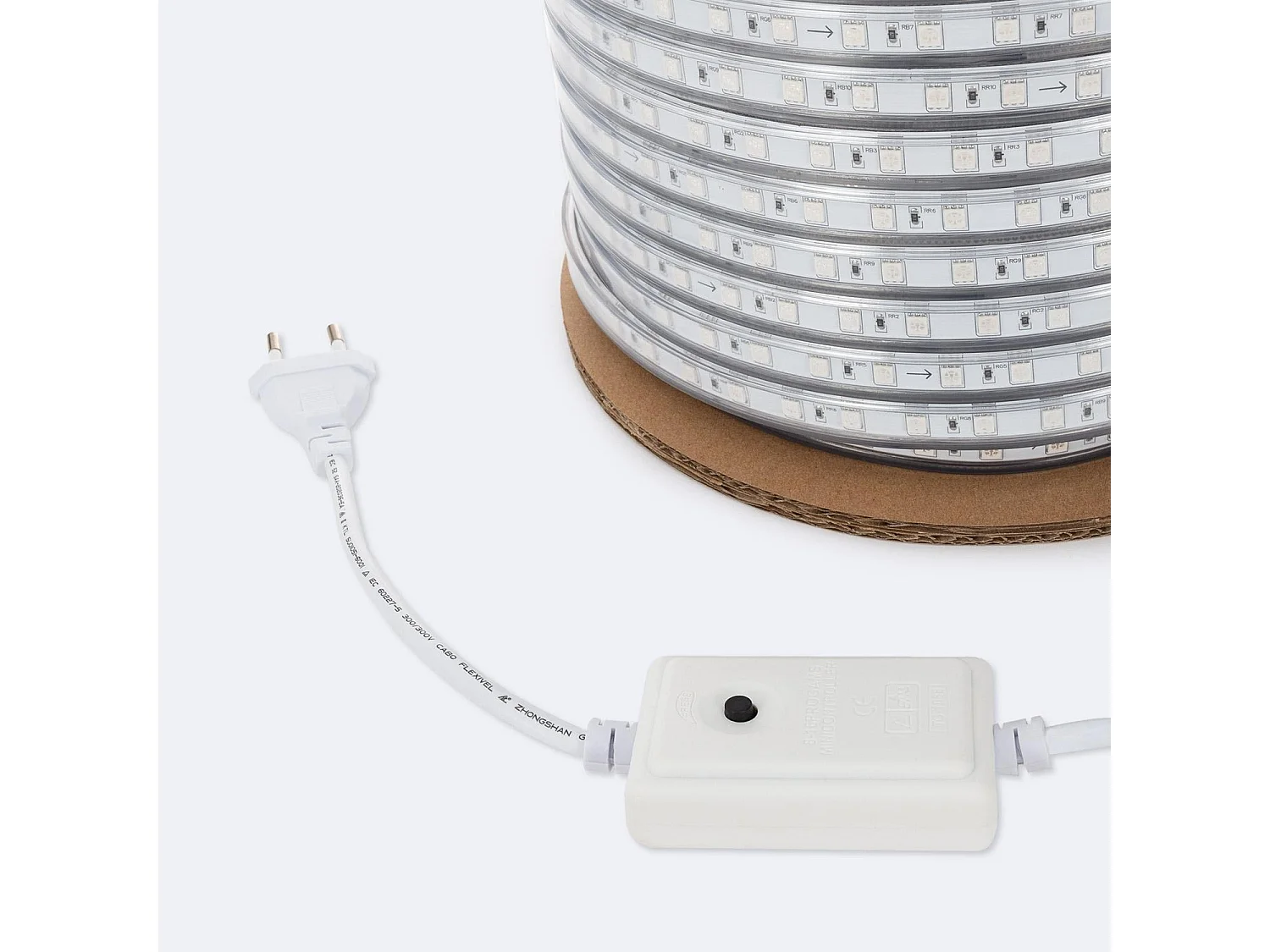 Bobina 50m Striscia LED RGB 220V SMD 60 LED/m 15W/m SILICONE FLEX Larga 12mm IP67 Taglio 100cm Senza Telecomando