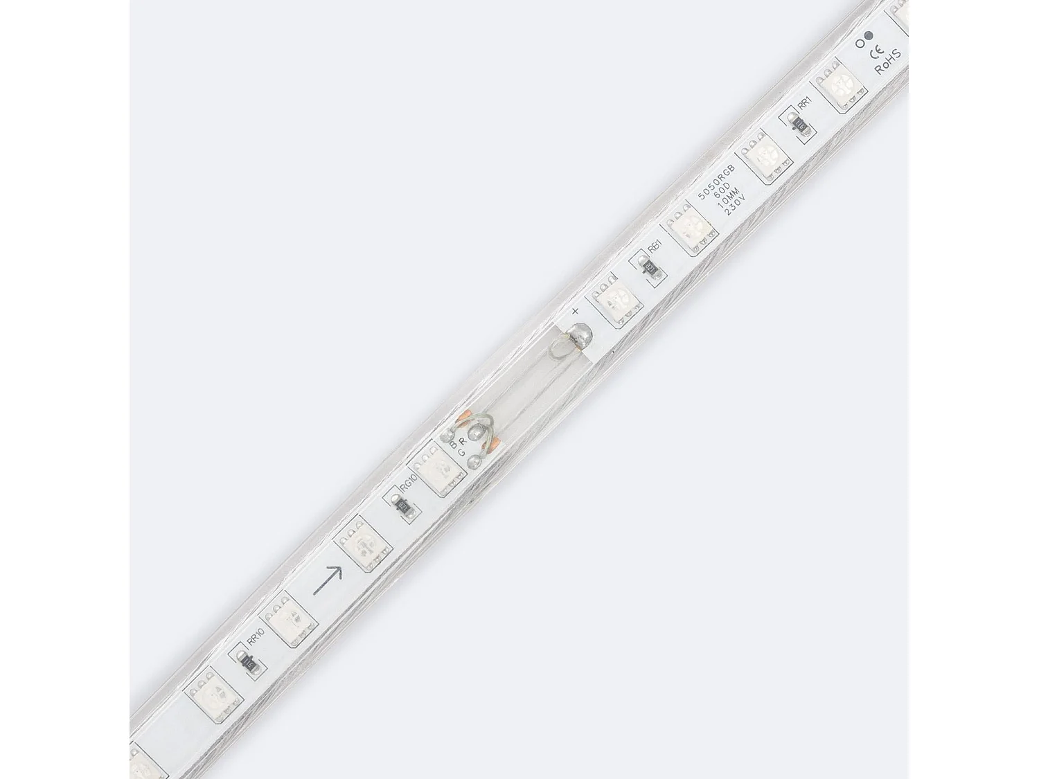 Tira LED RGB 220V SMD 60 LED/m BOBINA 50m 15W/m SILICONE FLEX Ancho 12mm Corte 100cm IP67 Sin Mando