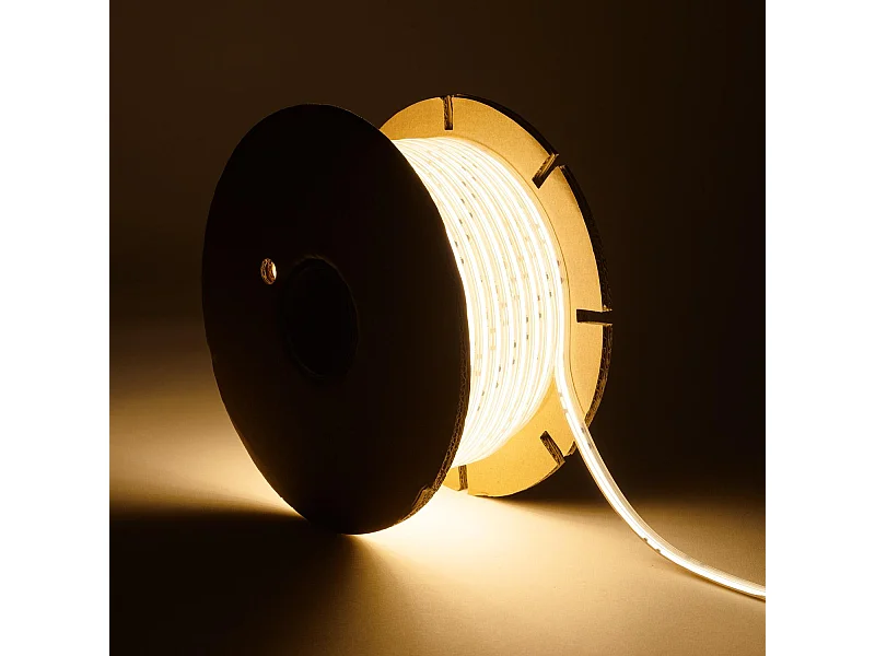 Ruban LED Dimmable 220V COB Auto-redressement 320 LED/m BOBINE 50m 8W/m 720 lm/m Largeur 12mm Coupe 50cm IP65 CRI90 4000K Blanc neutre