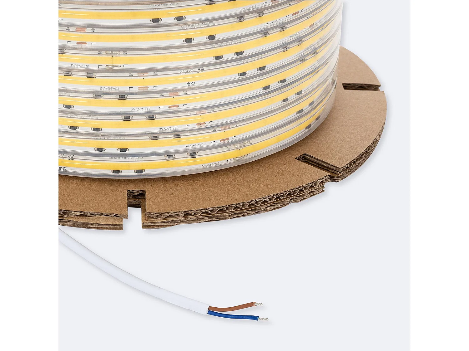 Ruban LED Dimmable 220V COB Auto-redressement 560 LED/m BOBINE 50m 14W/m 1250lm/m SILICONE FLEX IC2 Largeur 10mm Coupe 10cm IP65 2200K Super chaud