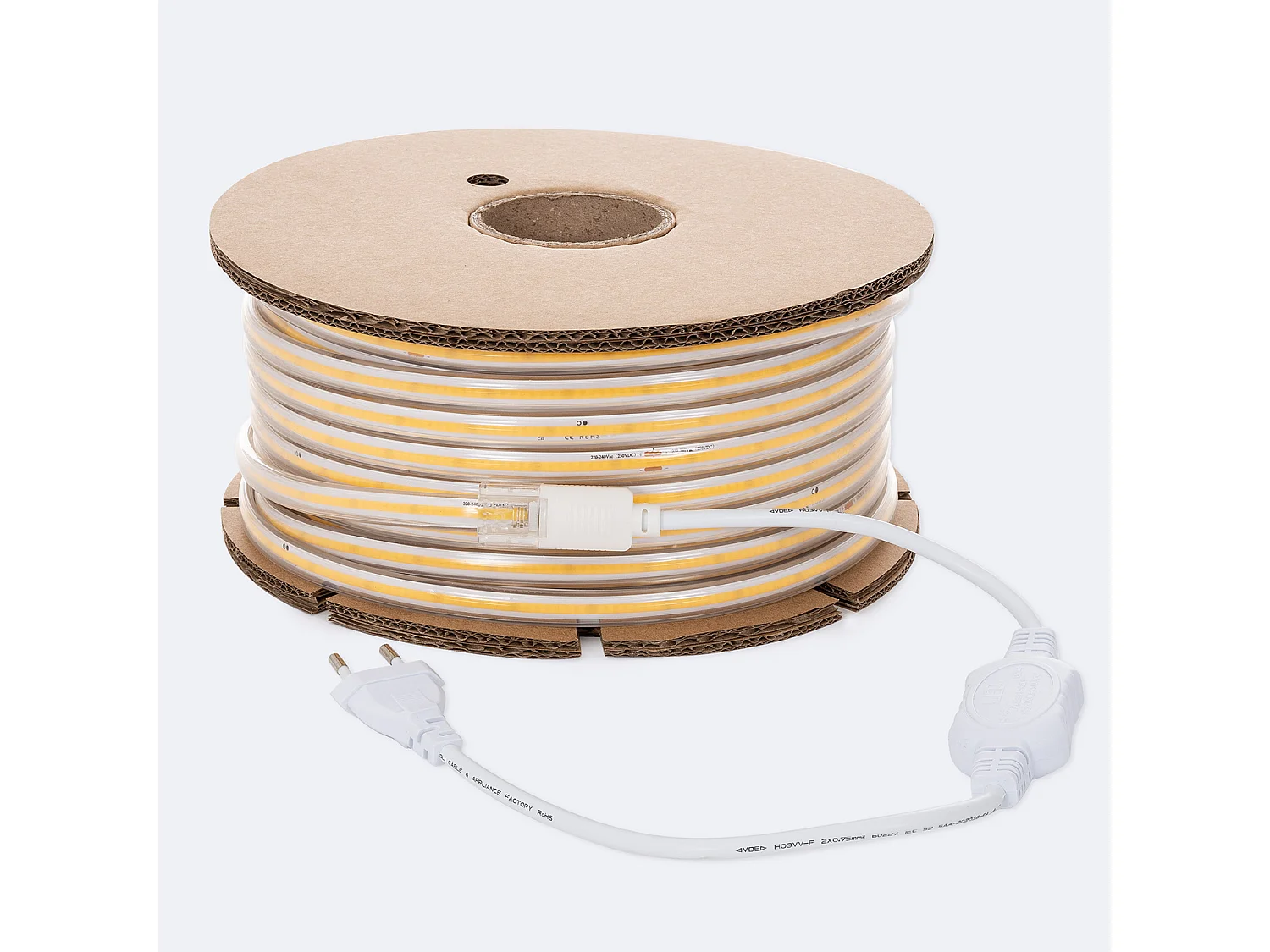 Bobina 50m Striscia LED Regolabile 220V COB 320 LED/m 8W/m 720lm/m Larga 12mm IP65 CRI90 Taglio 50cm 2700K Bianco Caldo