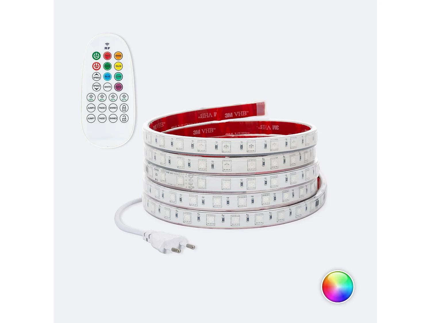 Striscia LED RGB 220V SMD 60 LED/m 15W/m SILICONE FLEX Larga 12mm IP67 Taglio 100cm con Telecomando 5 m