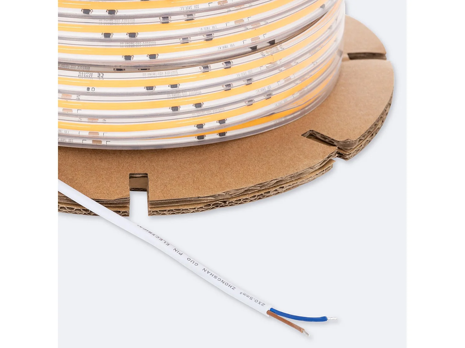 Ruban LED Dimmable 220V COB Auto-redressement 320 LED/m BOBINE 50m 8W/m 720 lm/m Largeur 12mm Coupe 50cm IP65 CRI90 2700K Blanc chaud