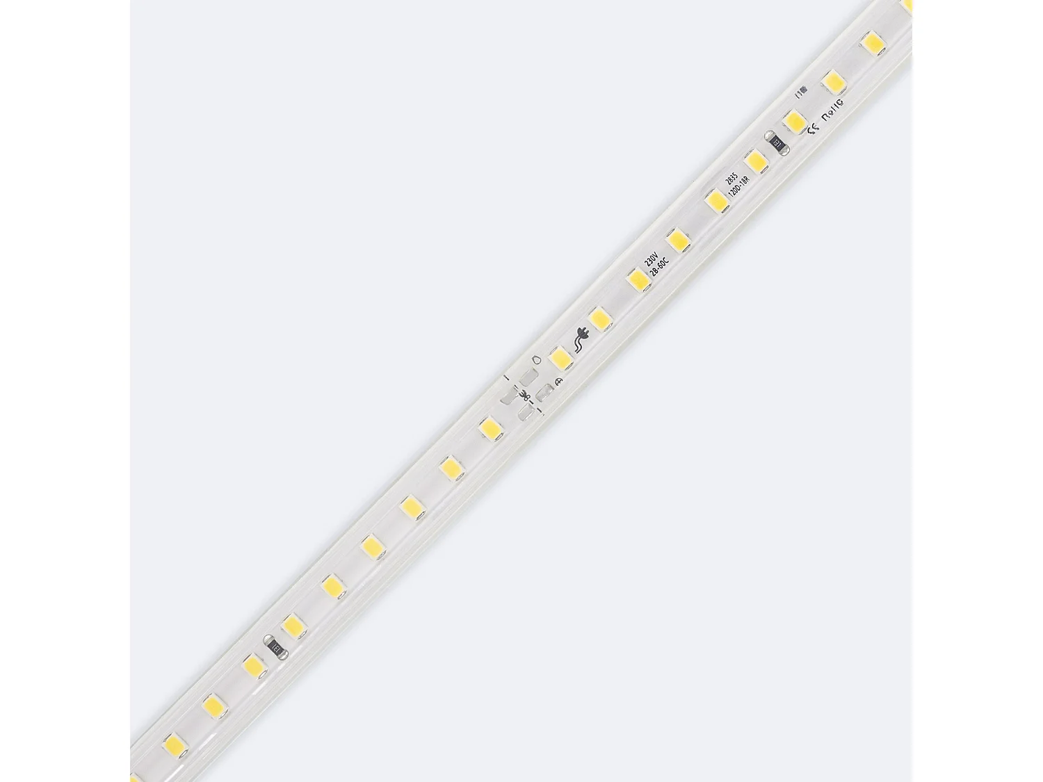 Ruban LED Dimmable 220V SMD 120 LED/m BOBINE 50m 8.5W/m 850lm/m Largeur 12mm Coupe 20cm IP65 2700K Blanc chaud