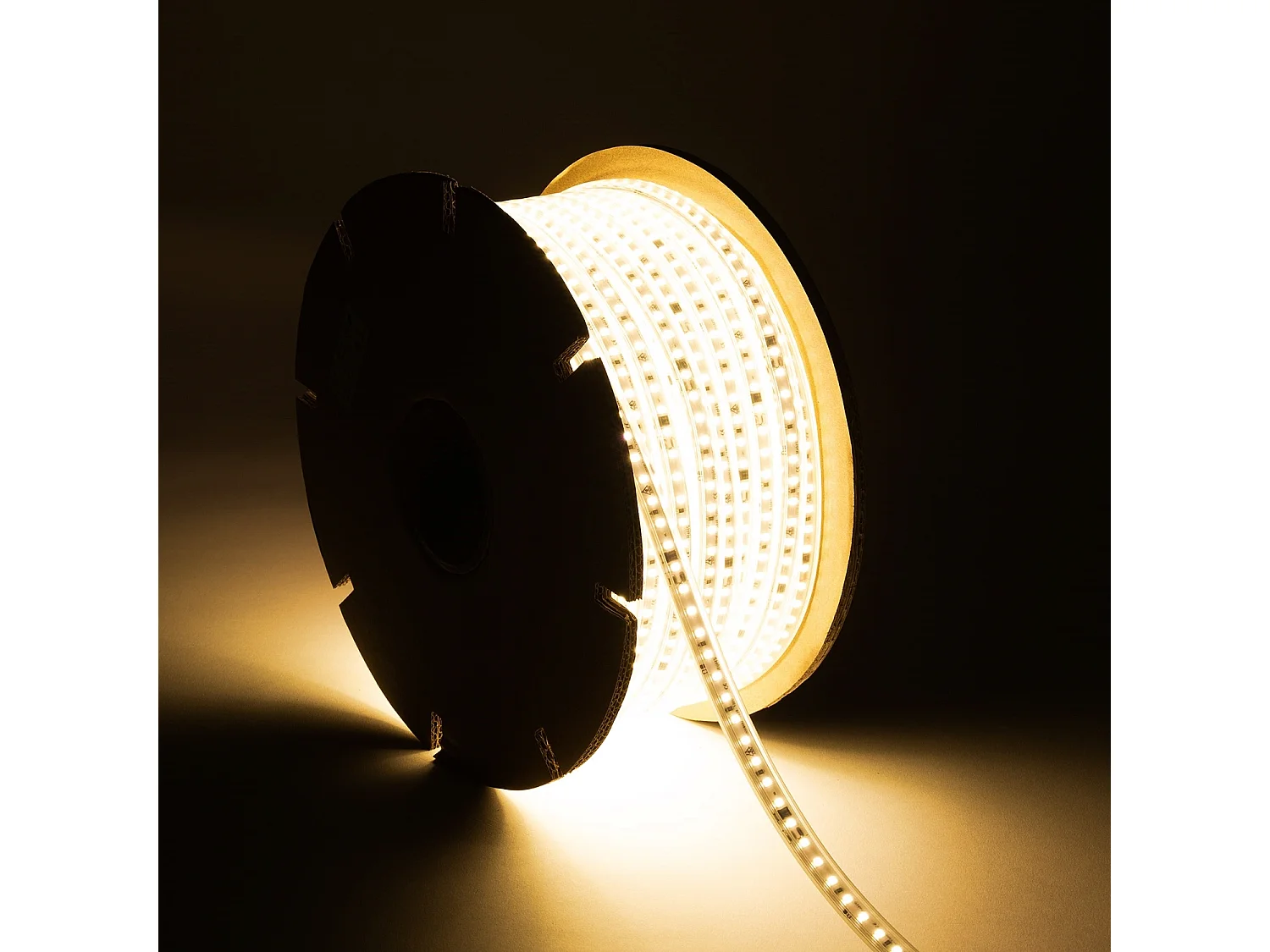 Ruban LED Dimmable 220V SMD Auto-redressement 120 LED/m BOBINE 50m 10W/m 1000lm/m Largeur 12mm Coupe 10cm IP65 2700K Blanc chaud