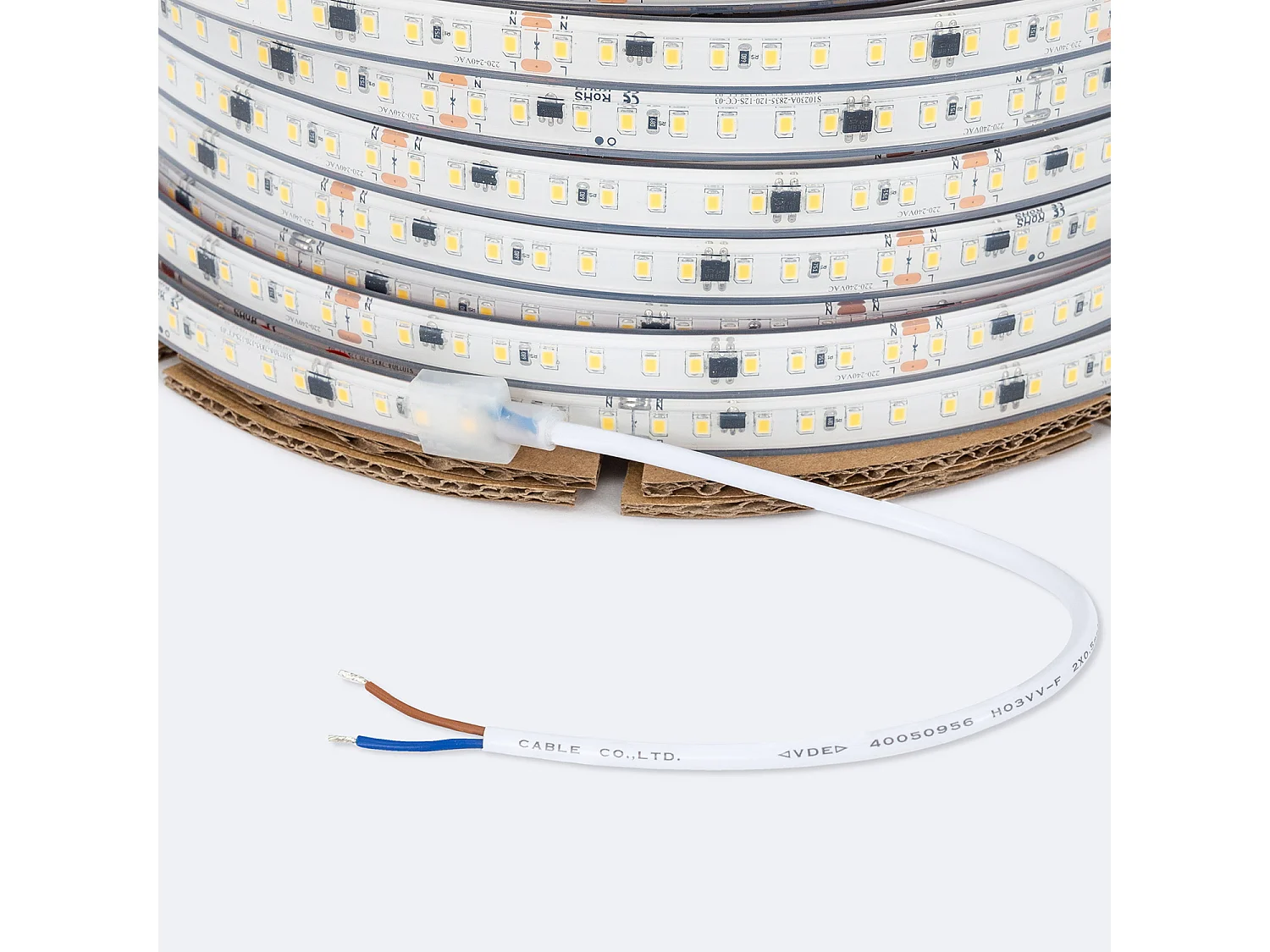 Tira LED Regulable 220V SMD Autorrectificada 120 LED/m BOBINA 50m 14W/m 1680lm/m SILICONE FLEX Ancho 12mm Corte 10cm IP67 2700K Blanco Cálido