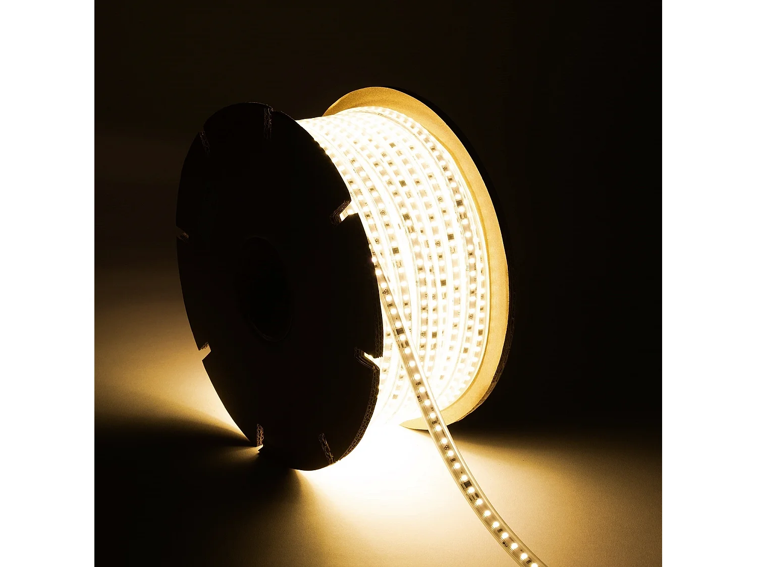 Tira LED Regulable 220V SMD Autorrectificada 120 LED/m BOBINA 50m 14W/m 1680lm/m SILICONE FLEX Ancho 12mm Corte 10cm IP67 2700K Blanco Cálido