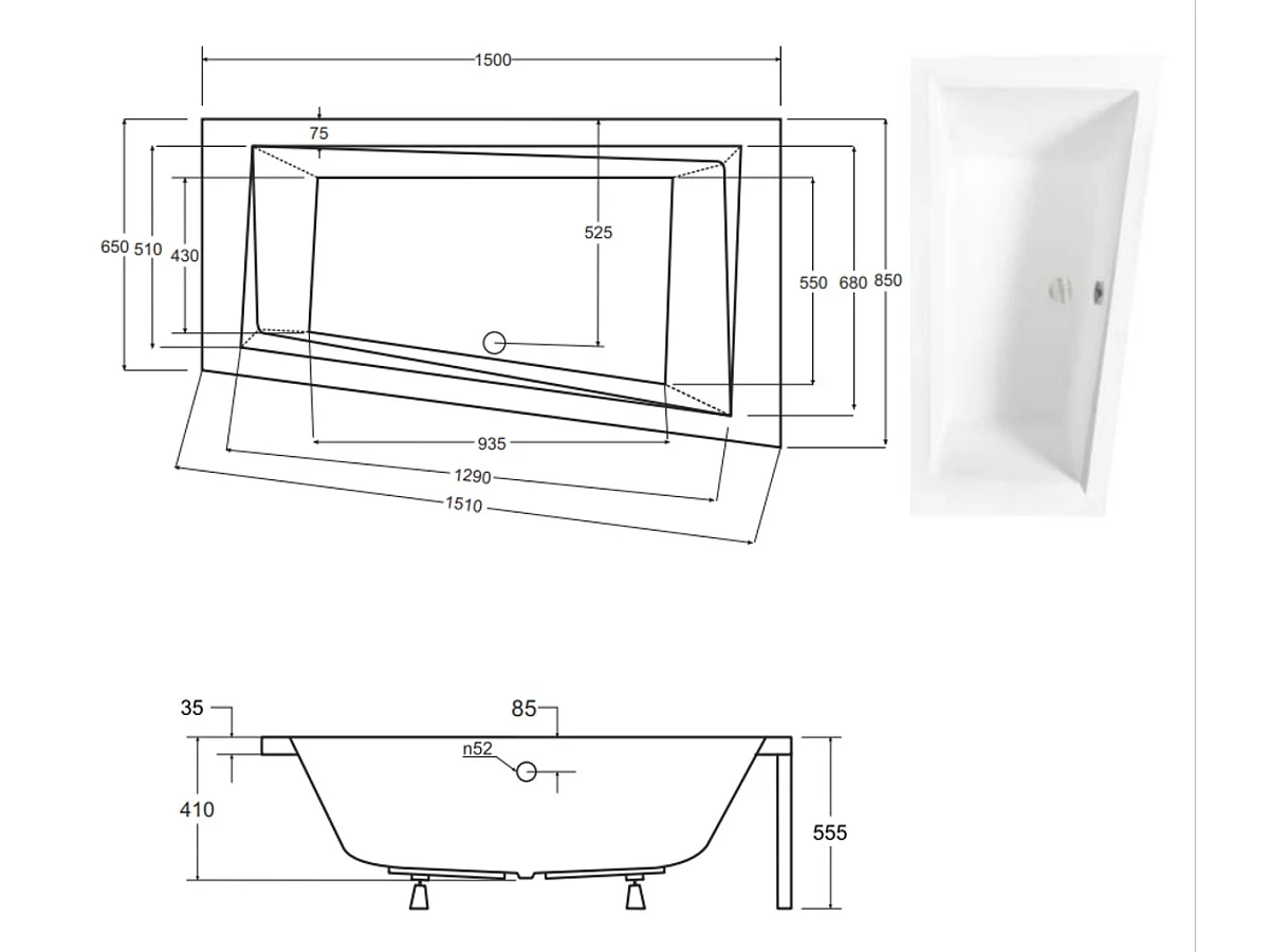 Baignoire d'angle DROITE INTIMA 150 ou 160 cm AVEC TABLIER - Dimensions: 150cm