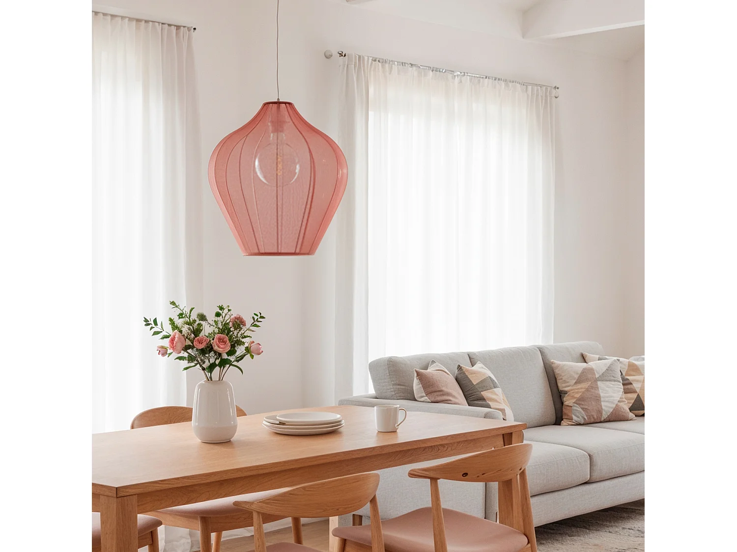 Lampada a Sospensione Metallo e Tessuto Ø400 mm Yara Rosa cipria