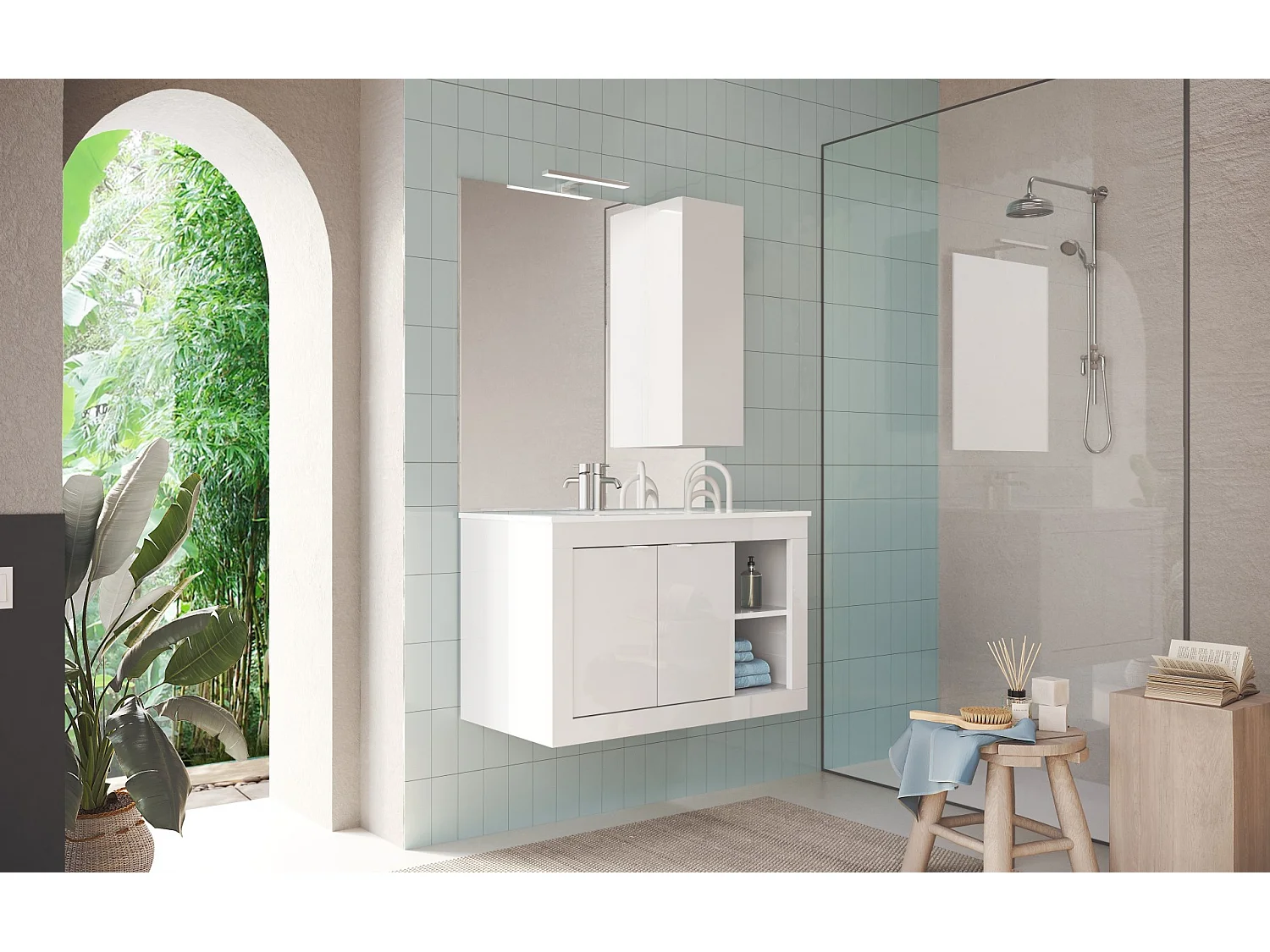 Meuble salle de bain suspendu + vasque Pratiko - BASIC 2.0 blanc laqué brillant 101x57x47 cm