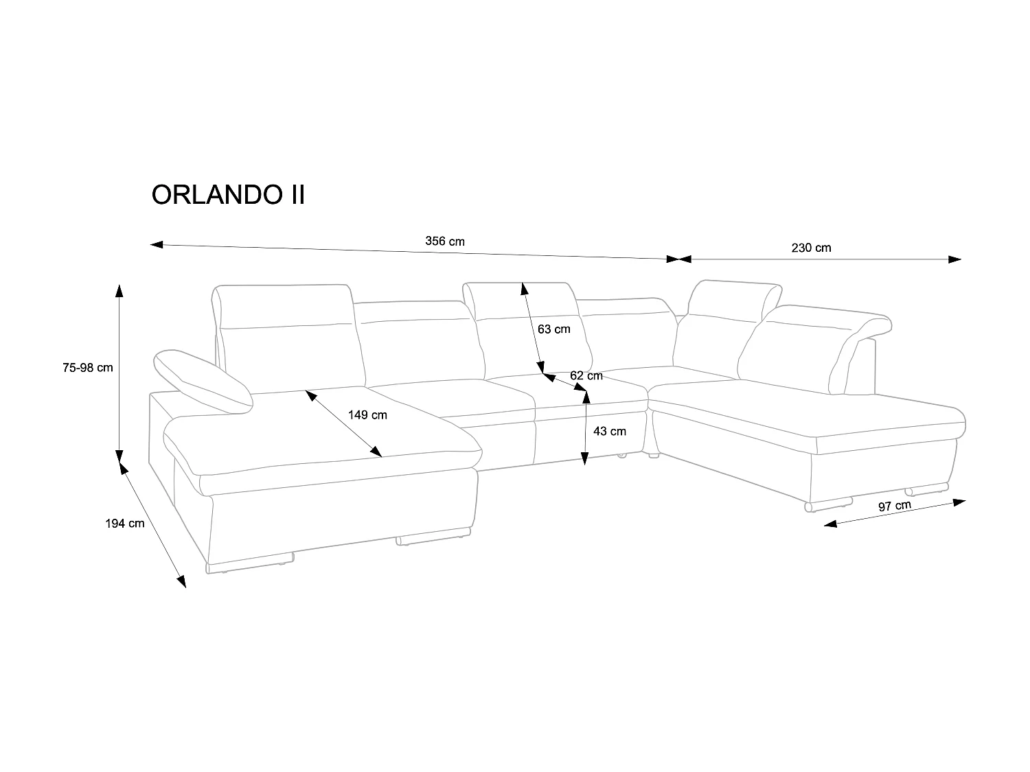 Canapé d'angle convertible ORLANDO II 194 x 356 x 230 cm