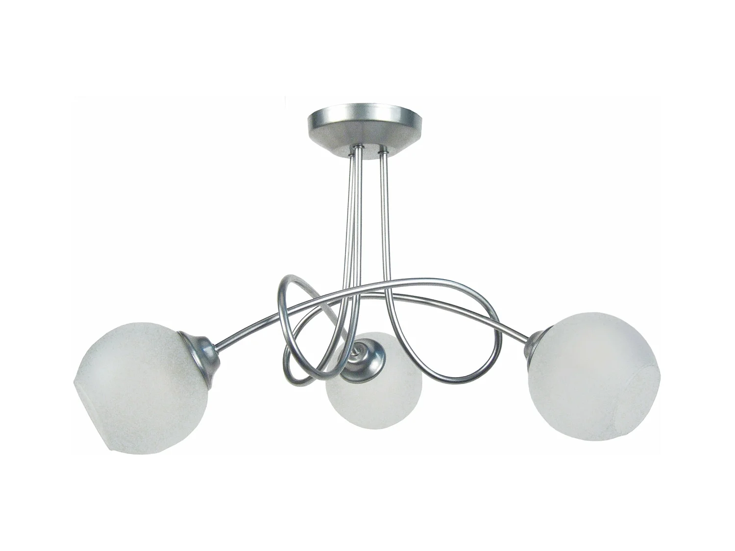 Lustre 3 bras métal courbé aluminium, boule verre 32 cm.