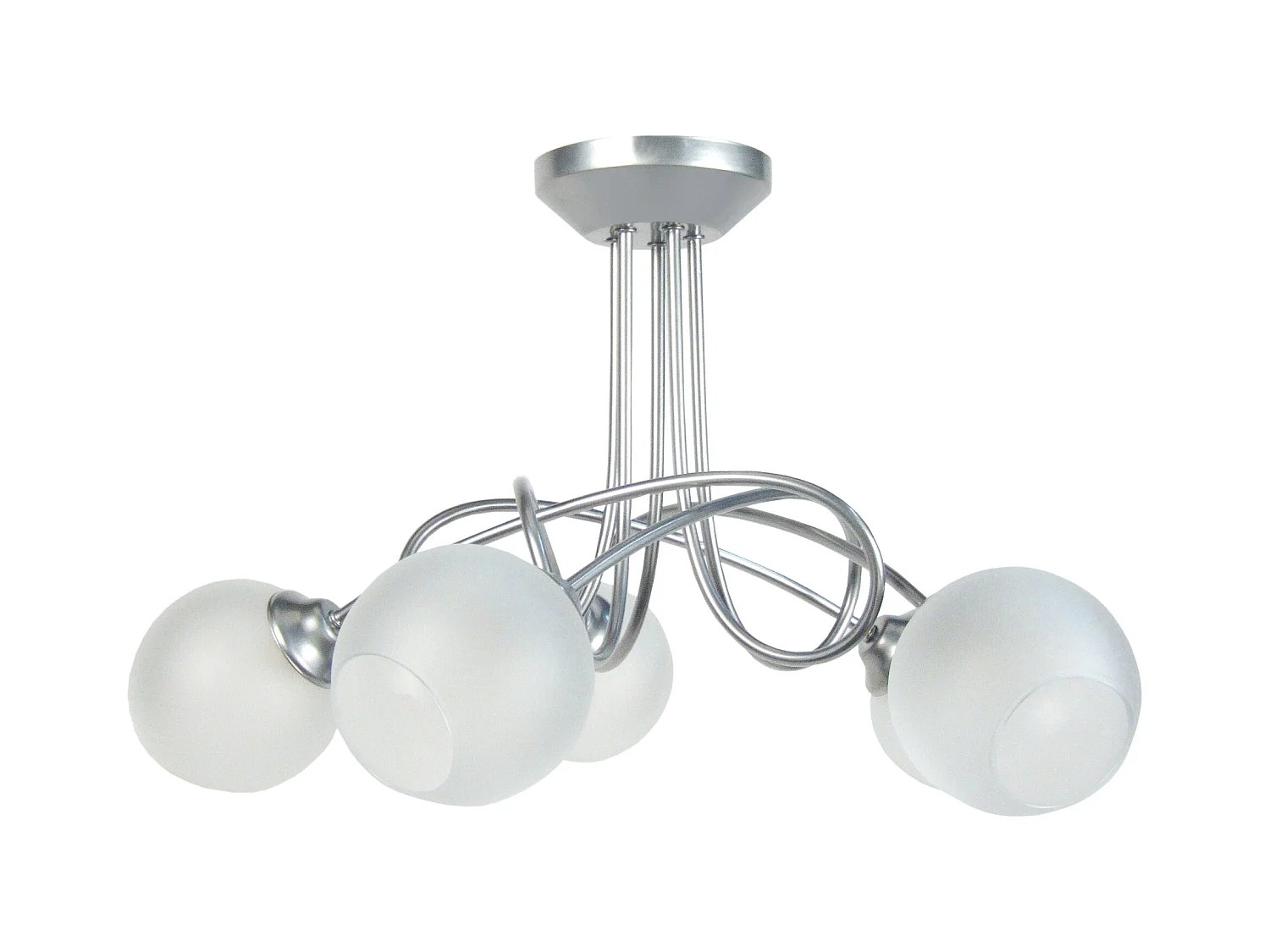 Lustre 5 bras métal courbé aluminium, boule verre 32 cm.