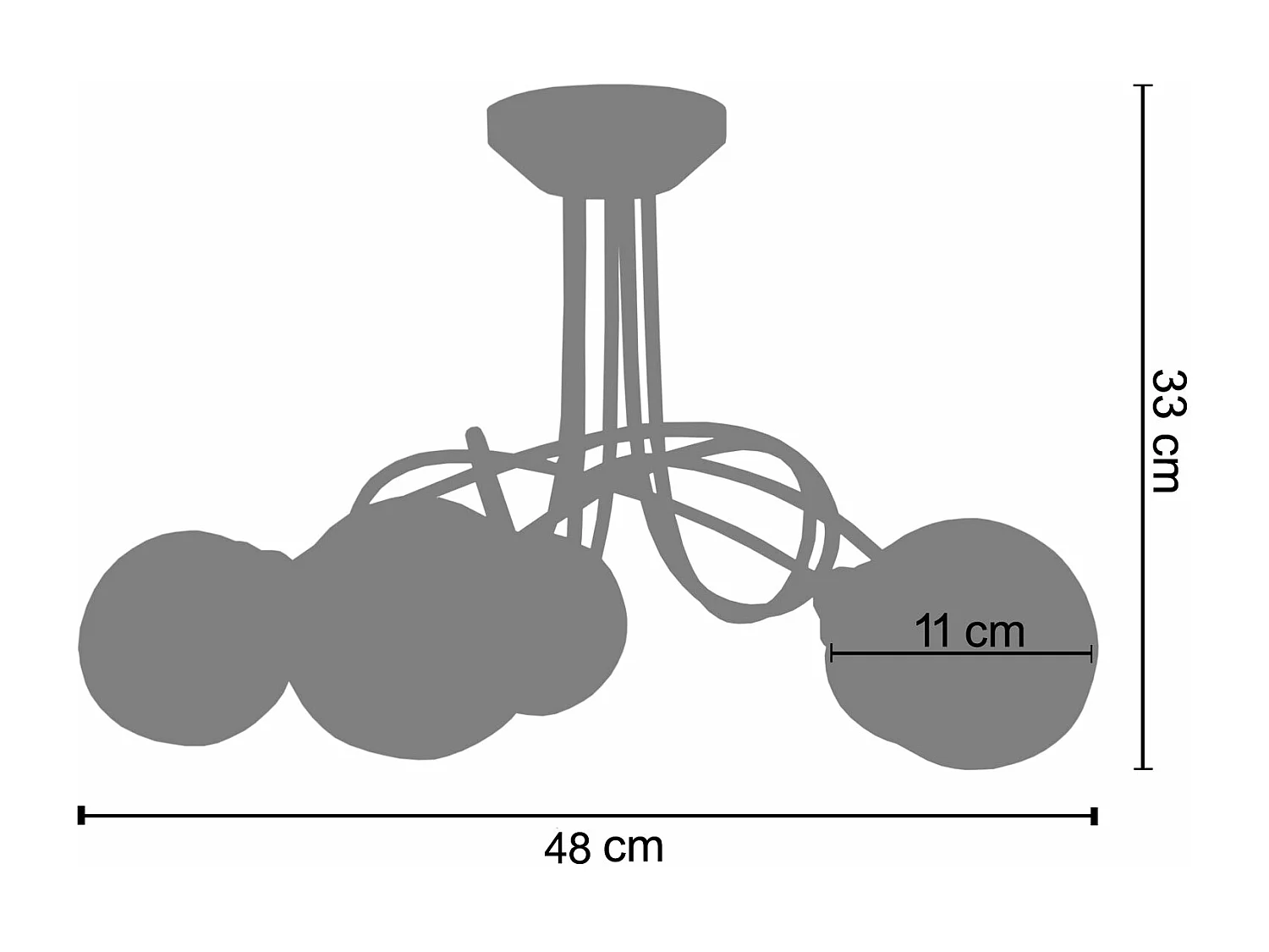 Lustre 5 bras métal courbé aluminium, boule verre 32 cm.