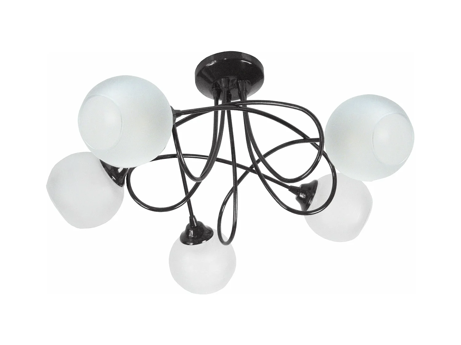 Lustre 5 bras métal courbé noir, boule verre 32 cm.