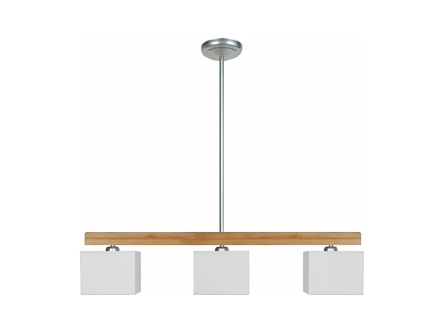 Lustre barre bois carré naturel abat-jour blanc 90 cm.