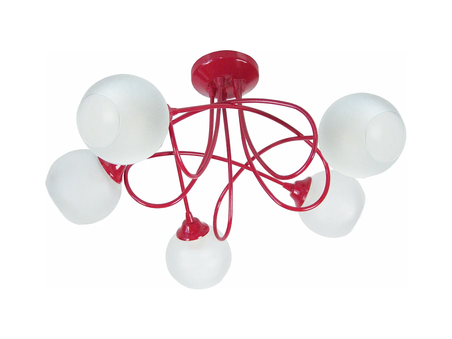 Lustre 5 bras métal courbé rouge, boule verre 32 cm.