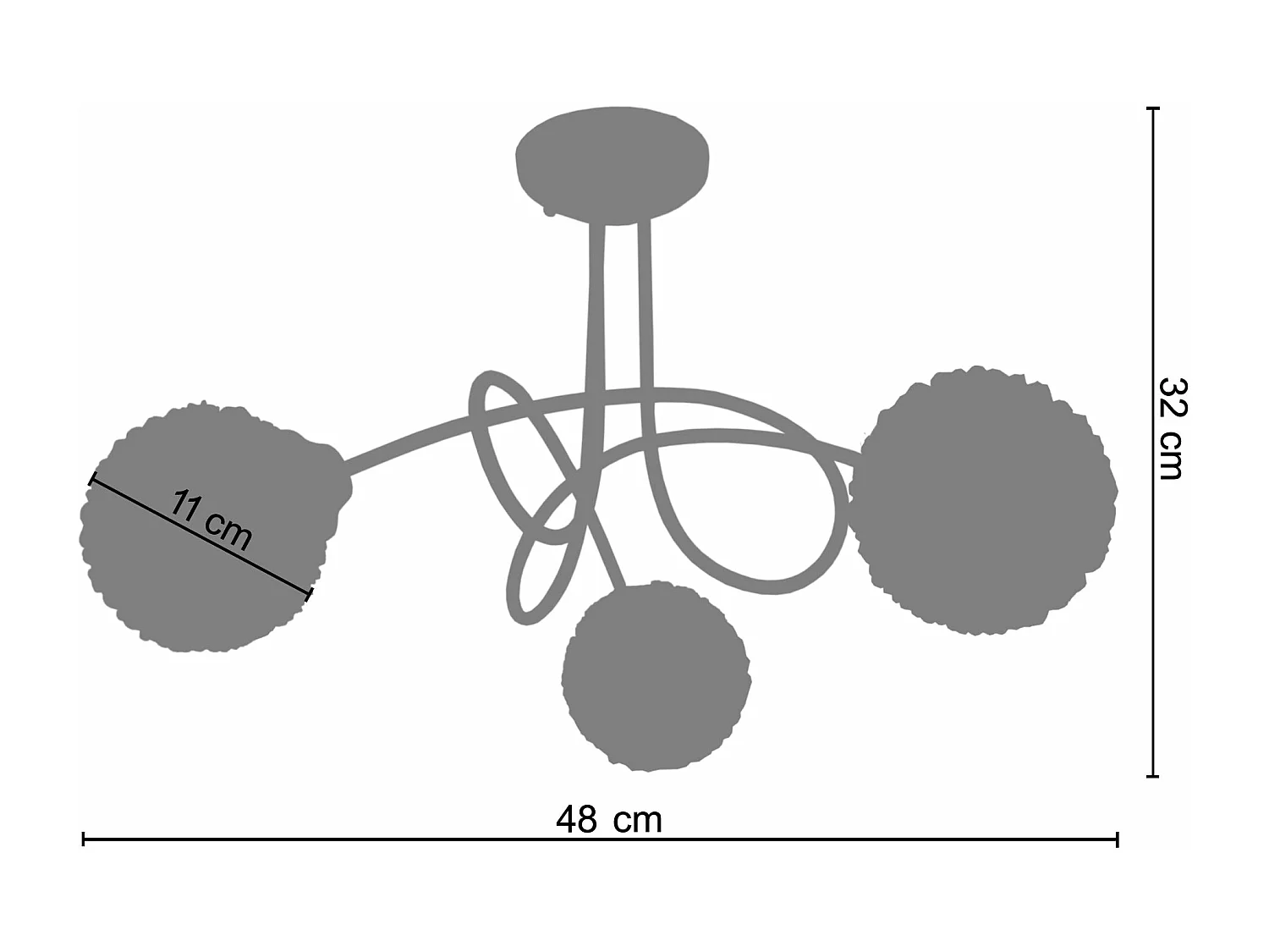 Lustre 5 bras métal courbé aluminium boule verre aluminium 32 cm.