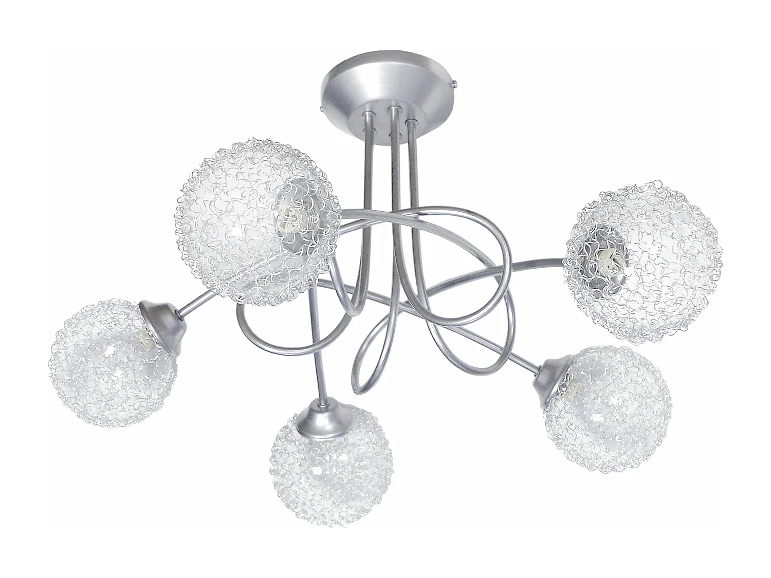 Lustre 3 bras métal courbé aluminium boule verre aluminium 32 cm.