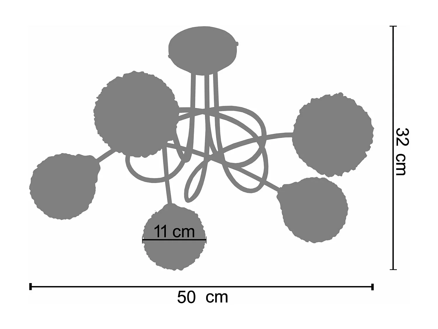 Lustre 3 bras métal courbé aluminium boule verre aluminium 32 cm.