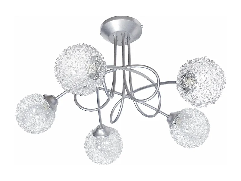 Lustre 3 bras métal courbé aluminium boule verre aluminium 32 cm.
