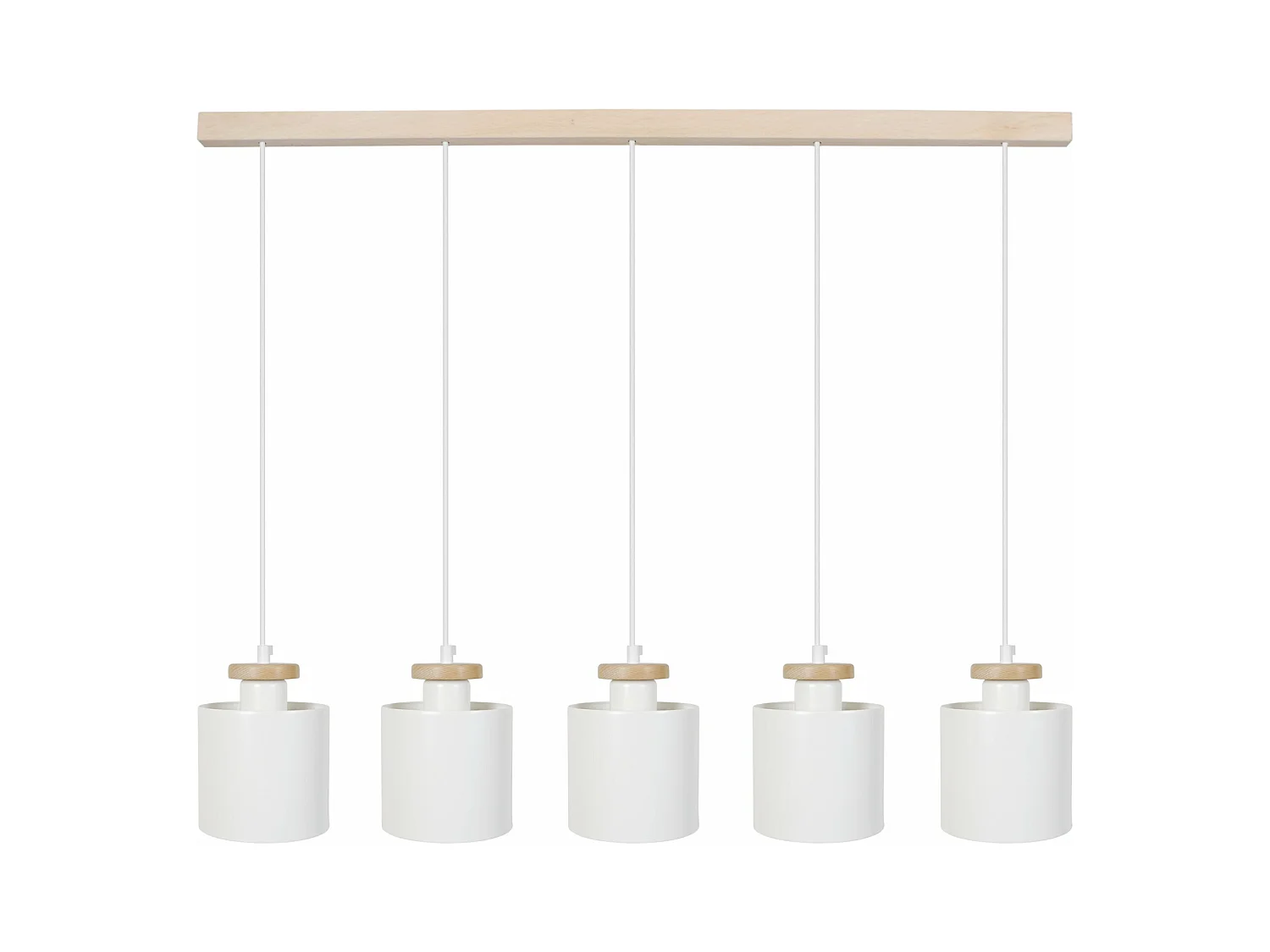 Lustre barre bois 5 suspensions métal blanc 180 cm.