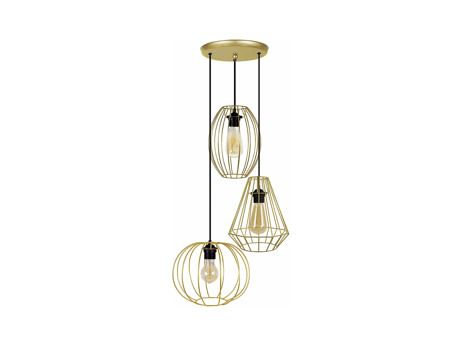 Lustre  3 pendels boule filaire doré 95 cm..