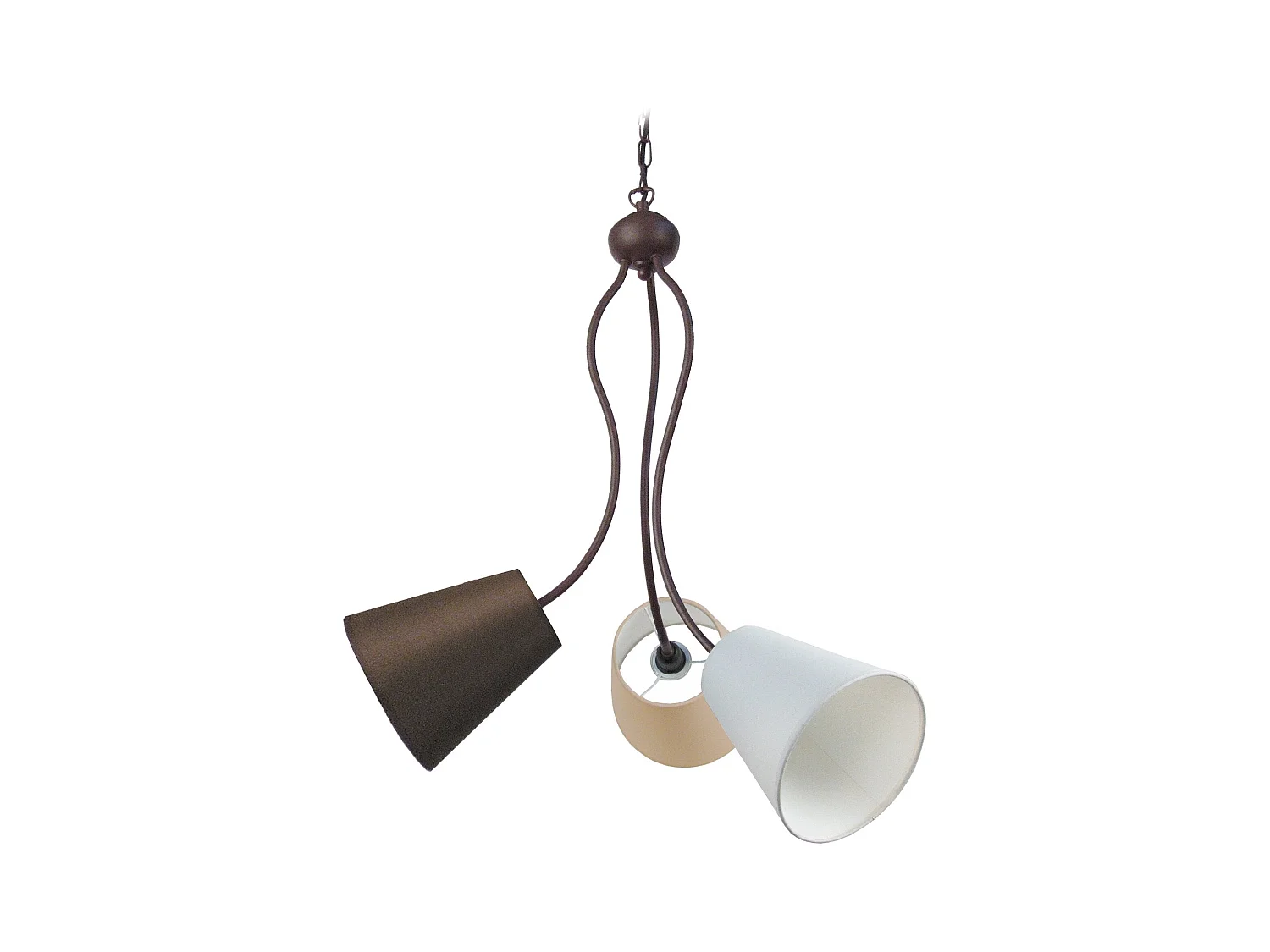 Lustre 3 bras métal marron abat-jours multicouleur 70 cm.