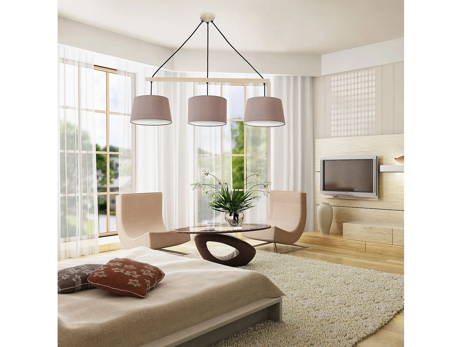 Lampadario legno sbarra  3 luci AMESTERDHAM  neo D'80cm