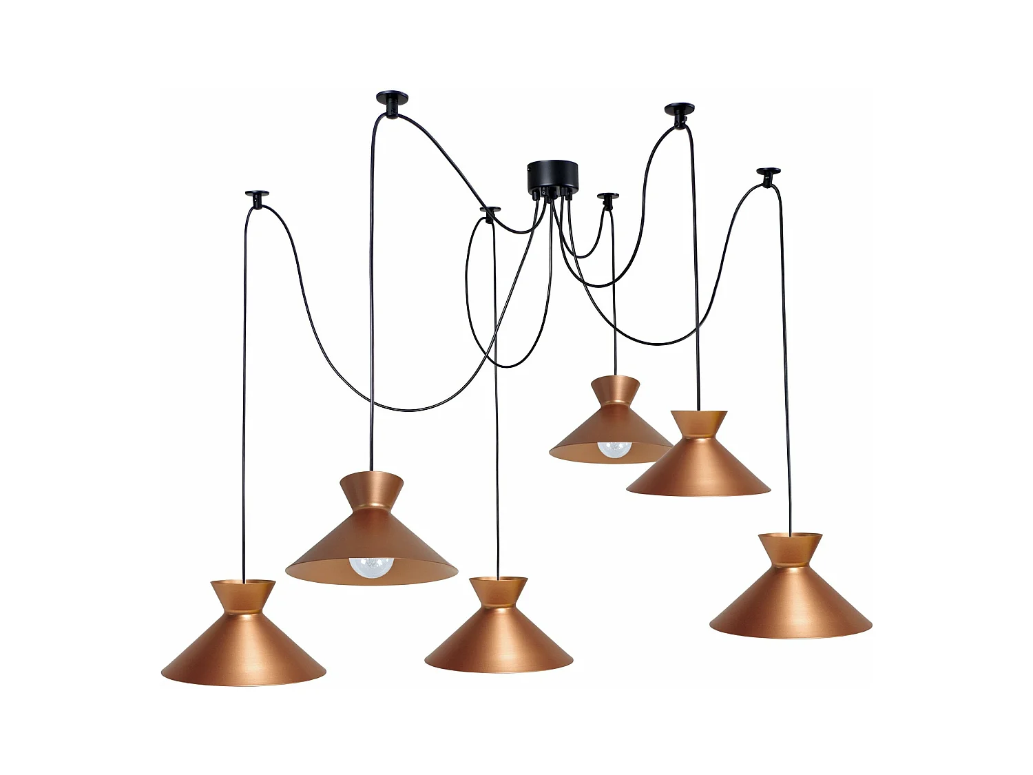 Lustre  6 Suspensions verre bicone métal cuivre 180 cm.