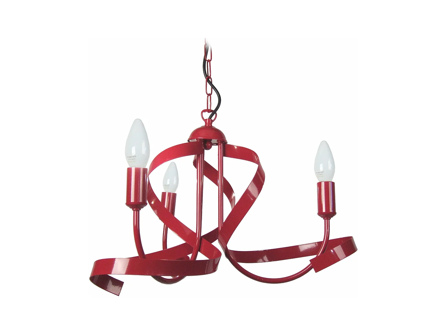 Lustre flame 3 bras  métal rouge100 cm.