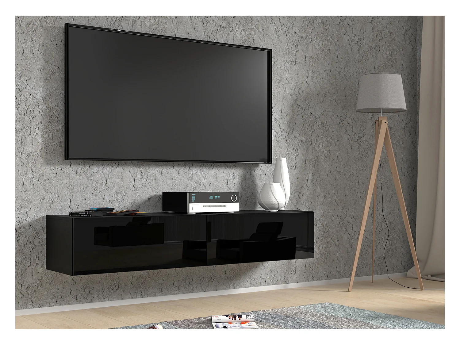 Meuble TV suspendu BINGO 160 cm noir brillant