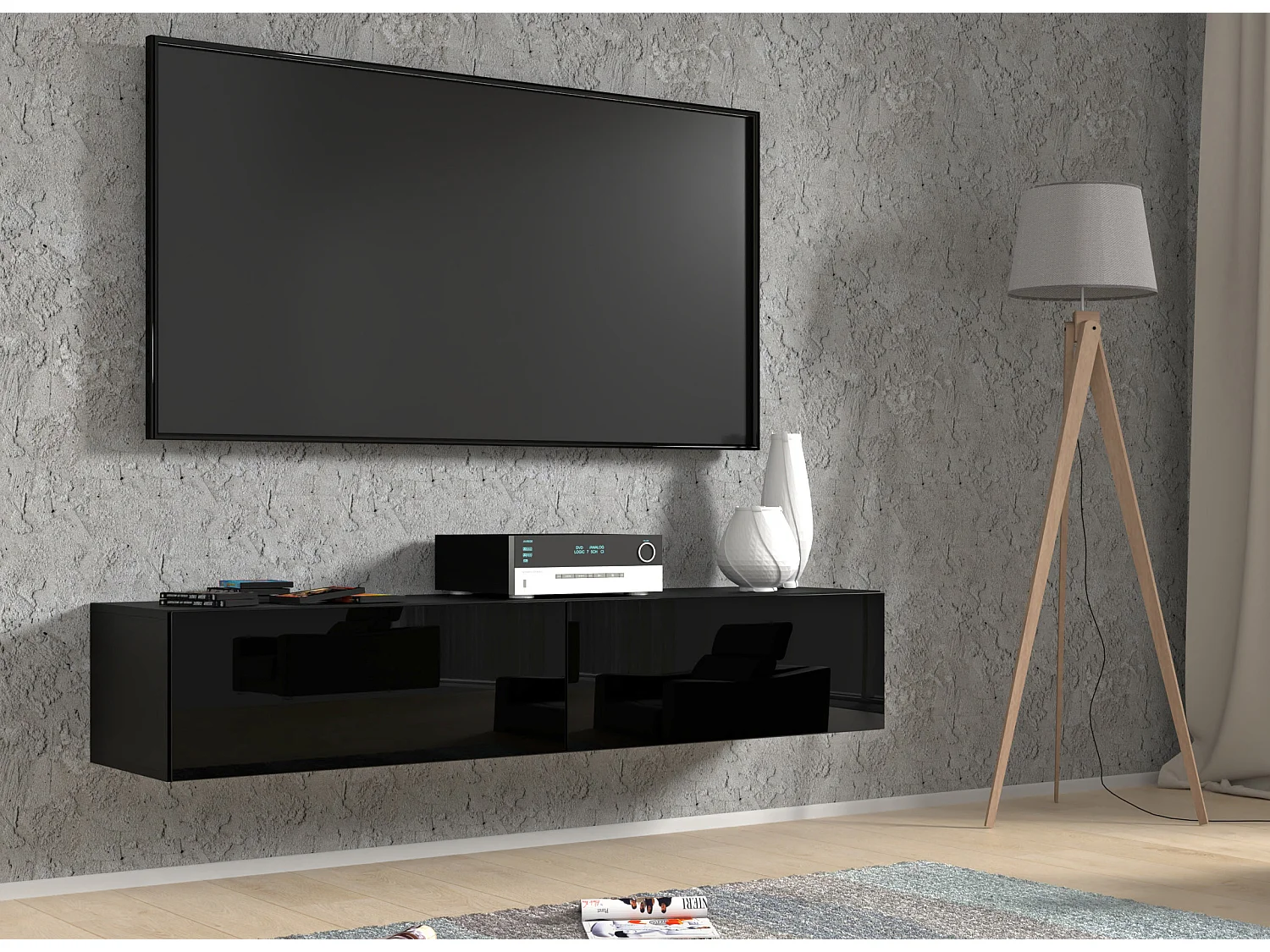 Meuble TV suspendu BINGO 160 cm noir brillant