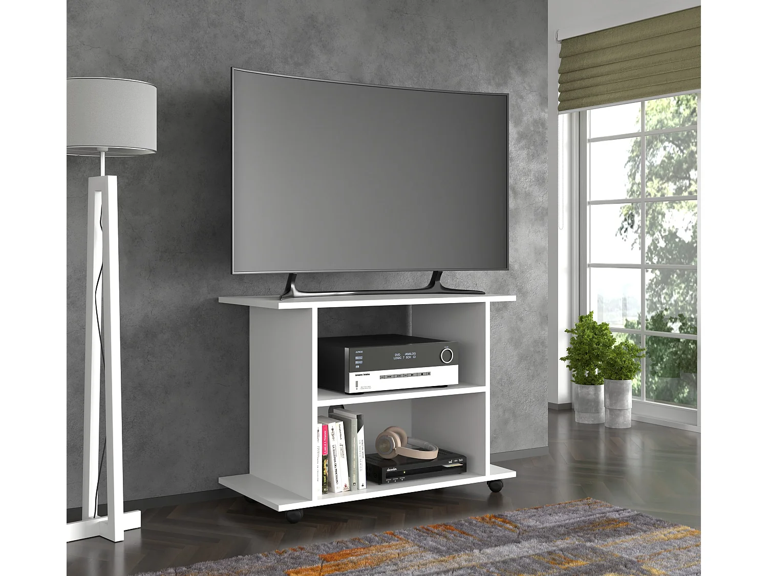 Mueble de TV YOGI de 80 cm con ruedas en blanco mate