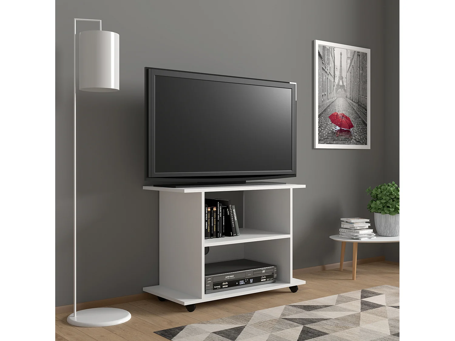 Mueble de TV YOGI de 80 cm con ruedas en blanco mate