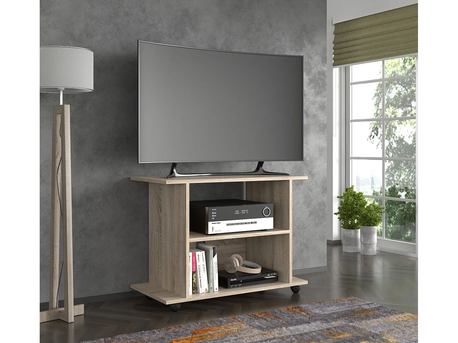 Mueble de TV YOGI de 80 cm con ruedas en roble sonoma