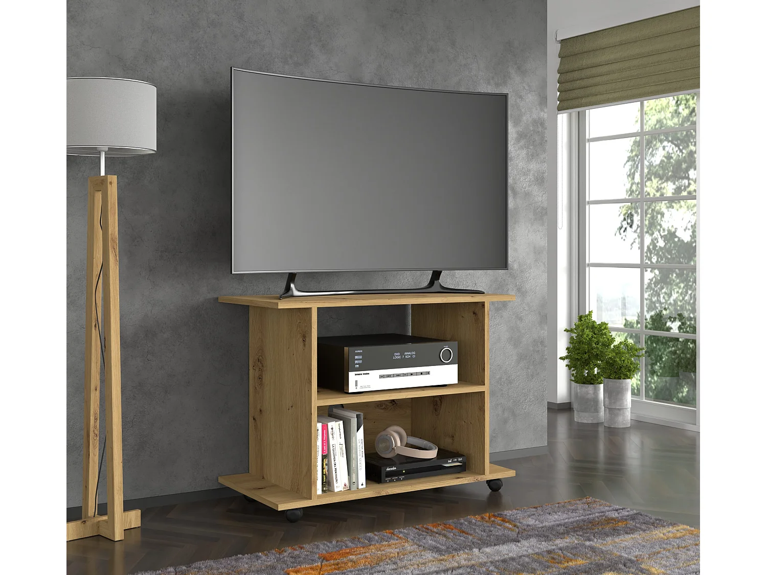 Meuble TV YOGI 80 cm avec roulettes chêne artisan