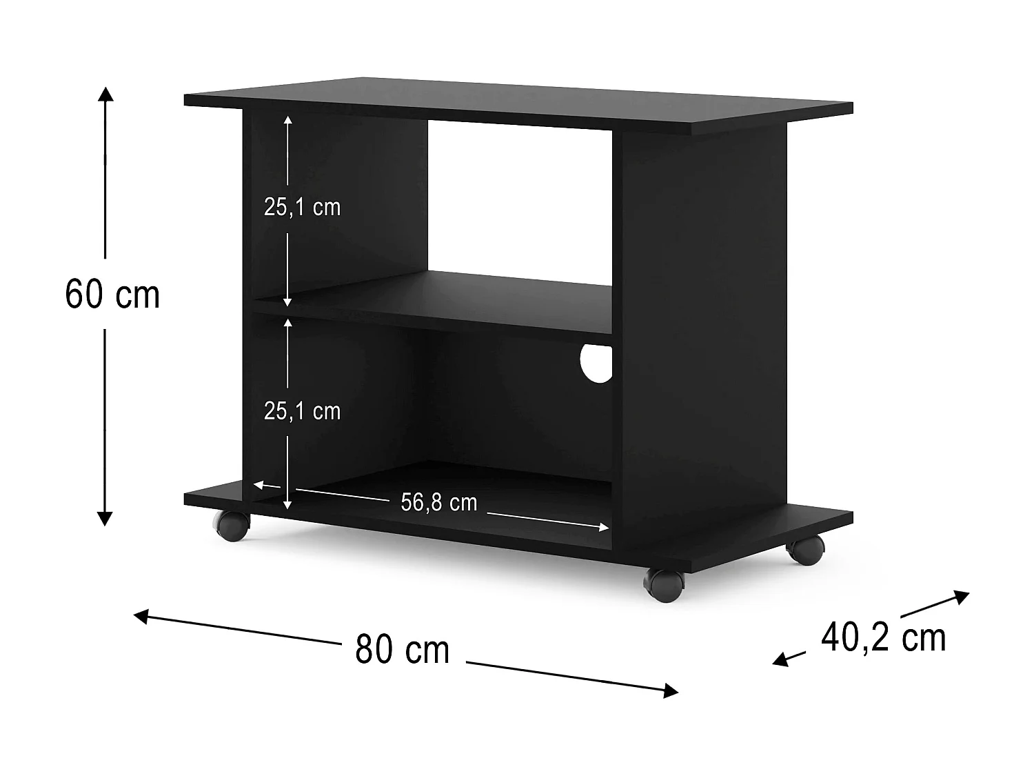 Meuble TV YOGI 80 cm avec roulettes noir mat