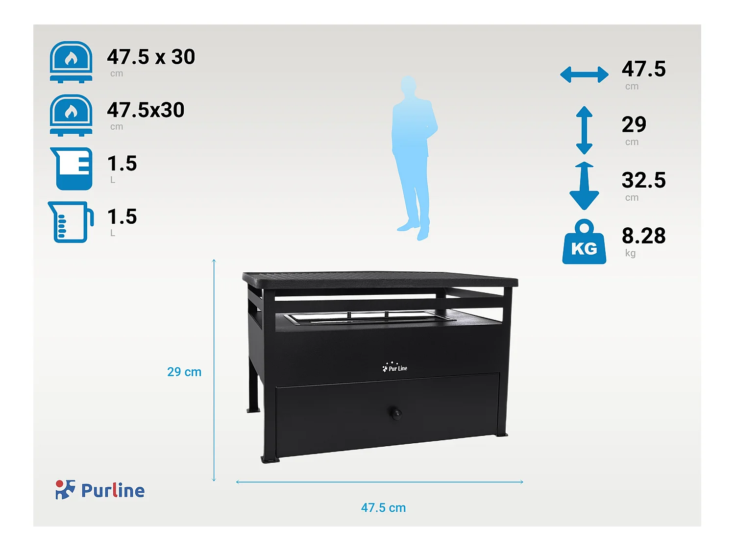 Barbacoa de etanol 1.5L acero rojo y plancha rectangular de hierro
