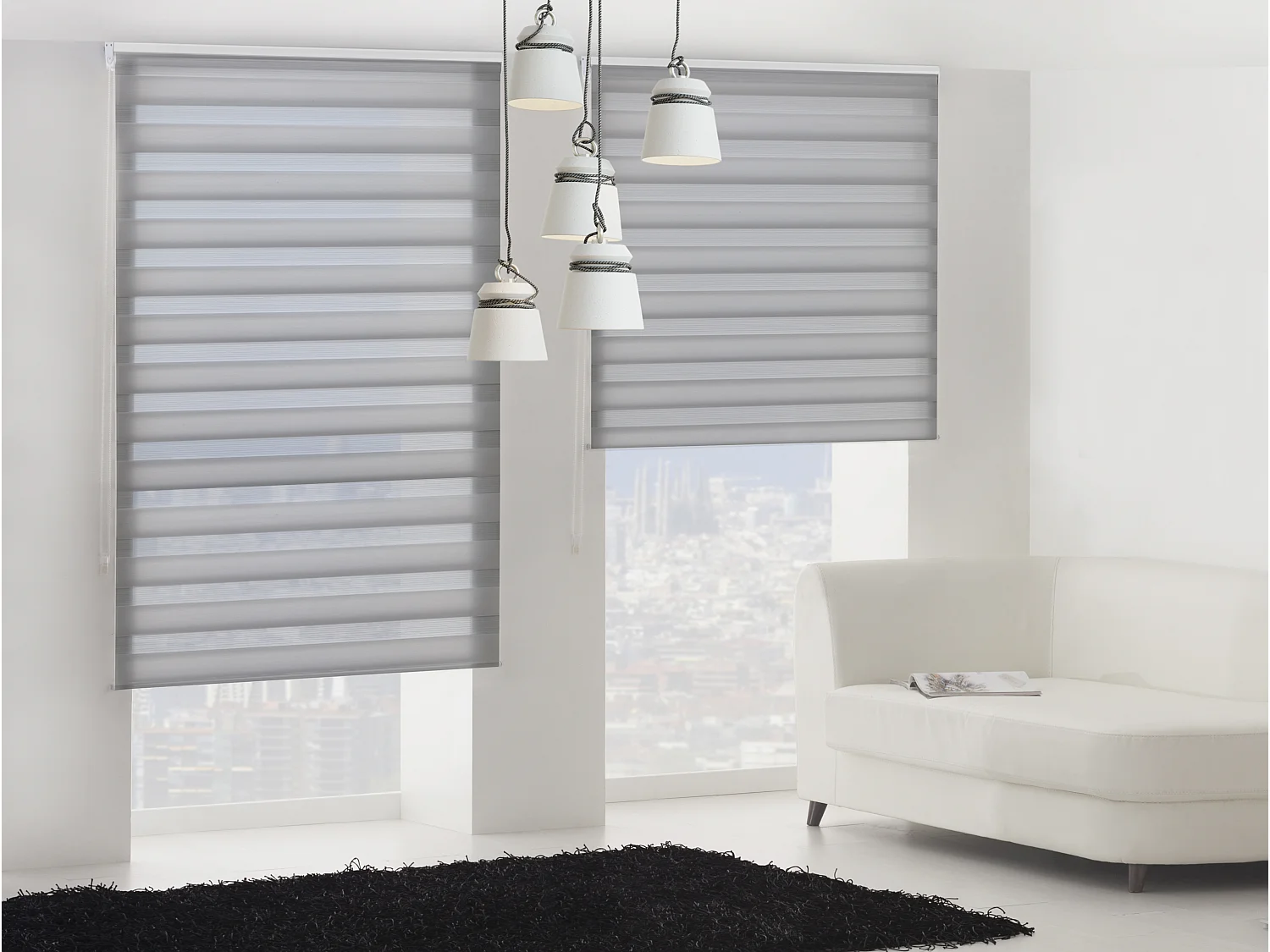 Cortina de rolo bicolor noite e dia com tricô duplo e corrente manual