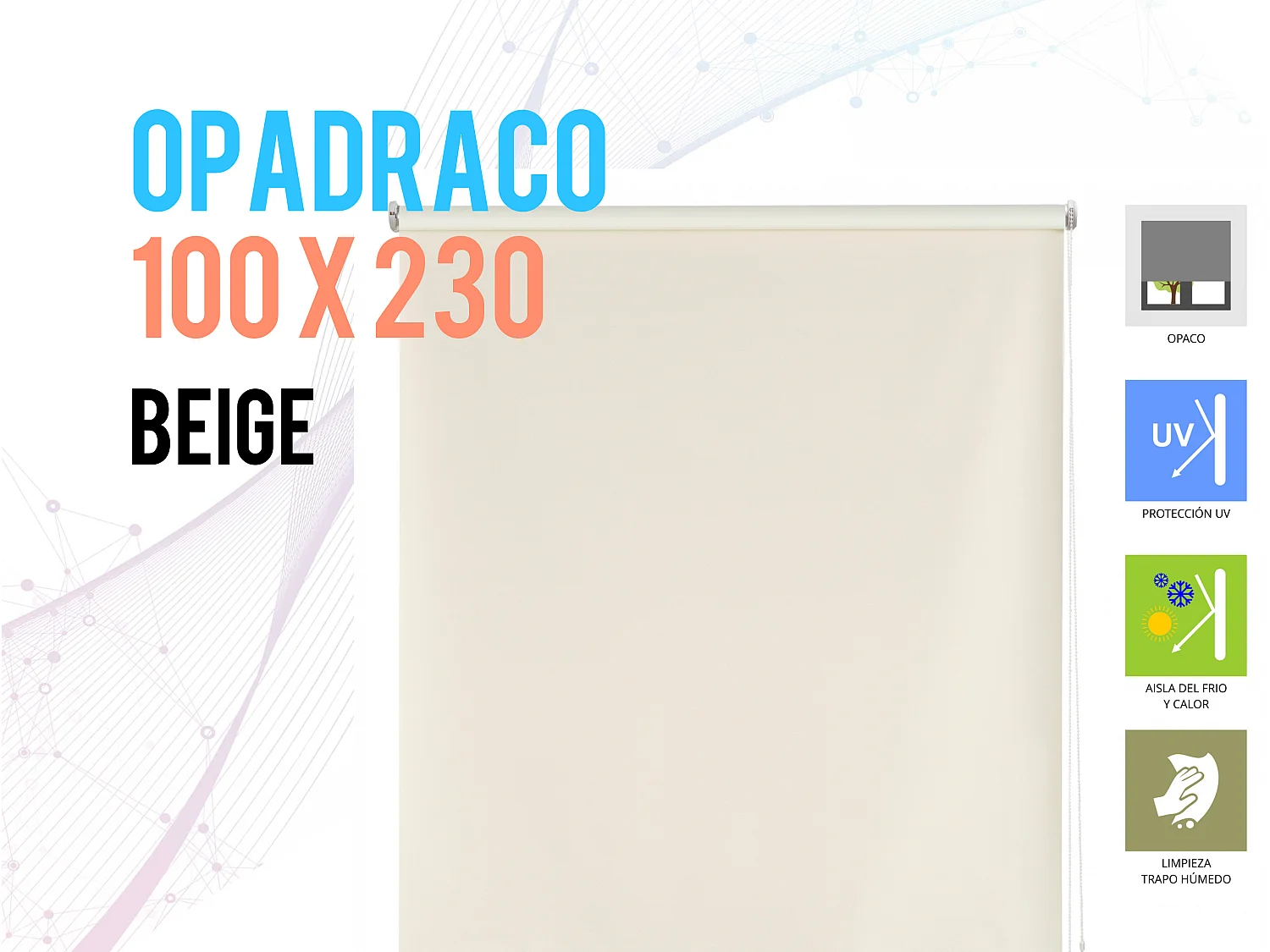 Estor enrollable opaco con tejido liso y cadena manual