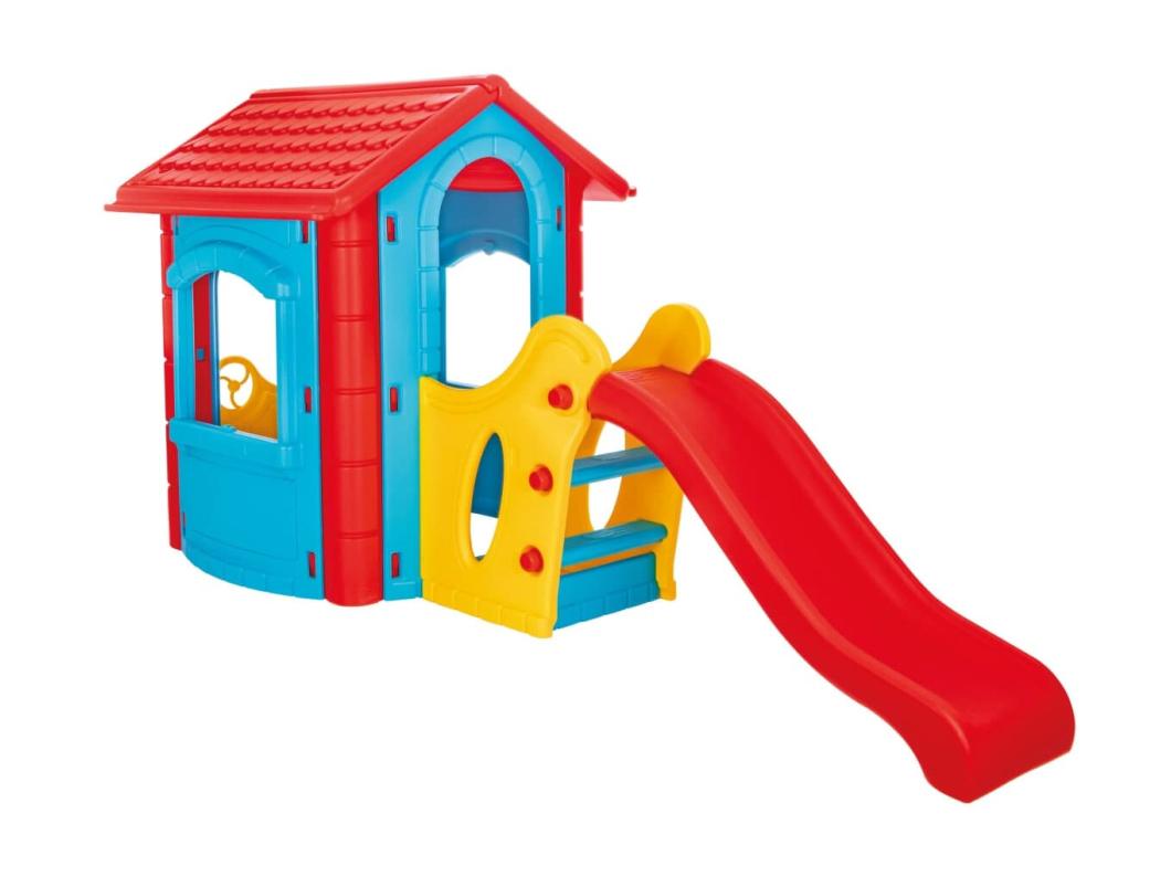 Caseta infantil de plástico con tobogán HAPPY HOUSE WITH SLIDE