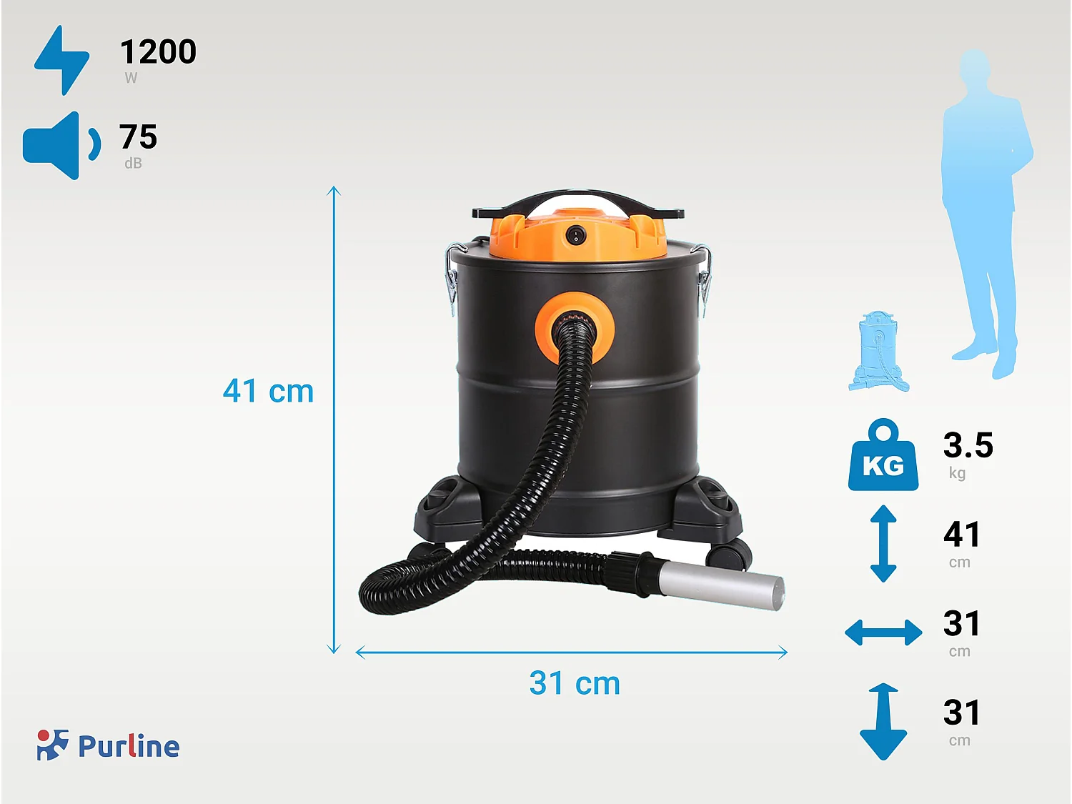 Aspirateur à cendres 1200W avec double filtre et roues