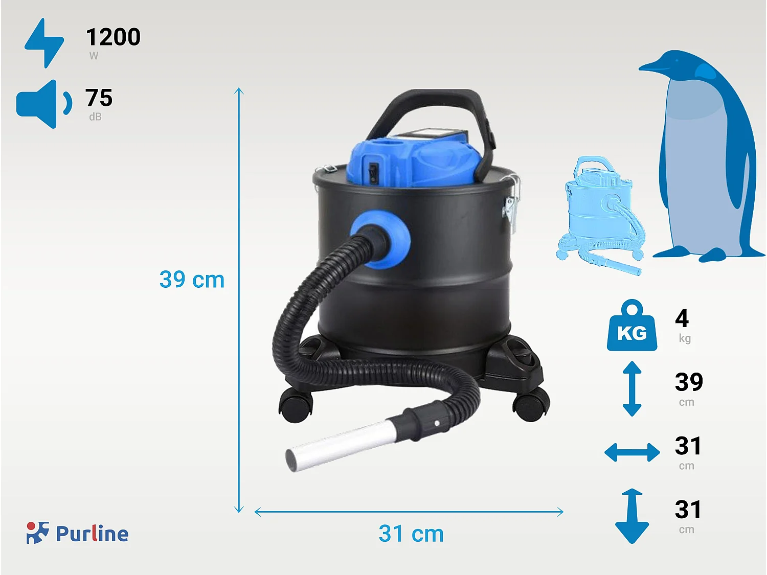 Aspiratore per caminetto e cenere da barbecue con bomboletta da 20L e ruote. Batteria ricaricabile al litio da 18V