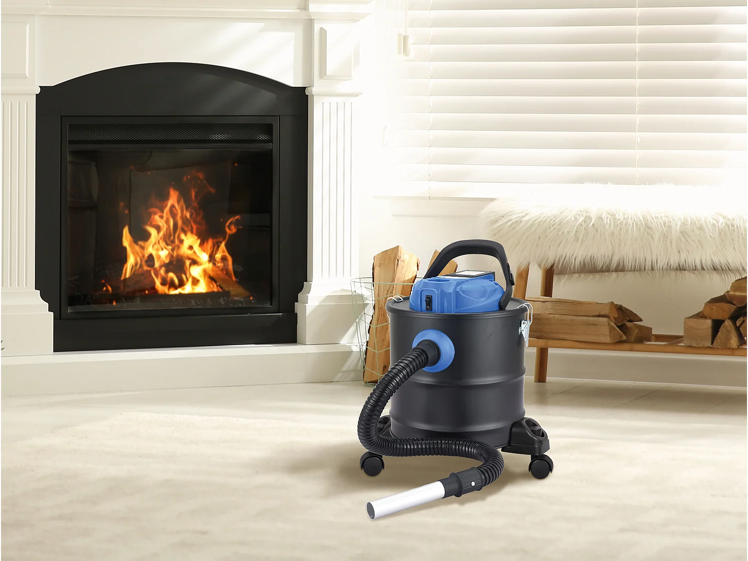 Aspiratore per caminetto e cenere da barbecue con bomboletta da 20L e ruote. Batteria ricaricabile al litio da 18V
