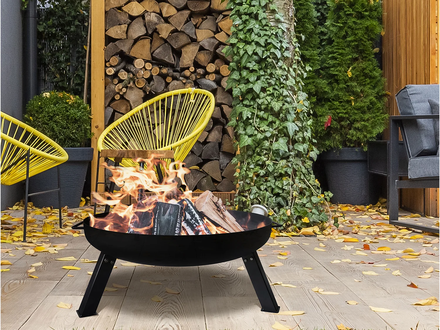 Braseiro de exterior com pernas de aço preto