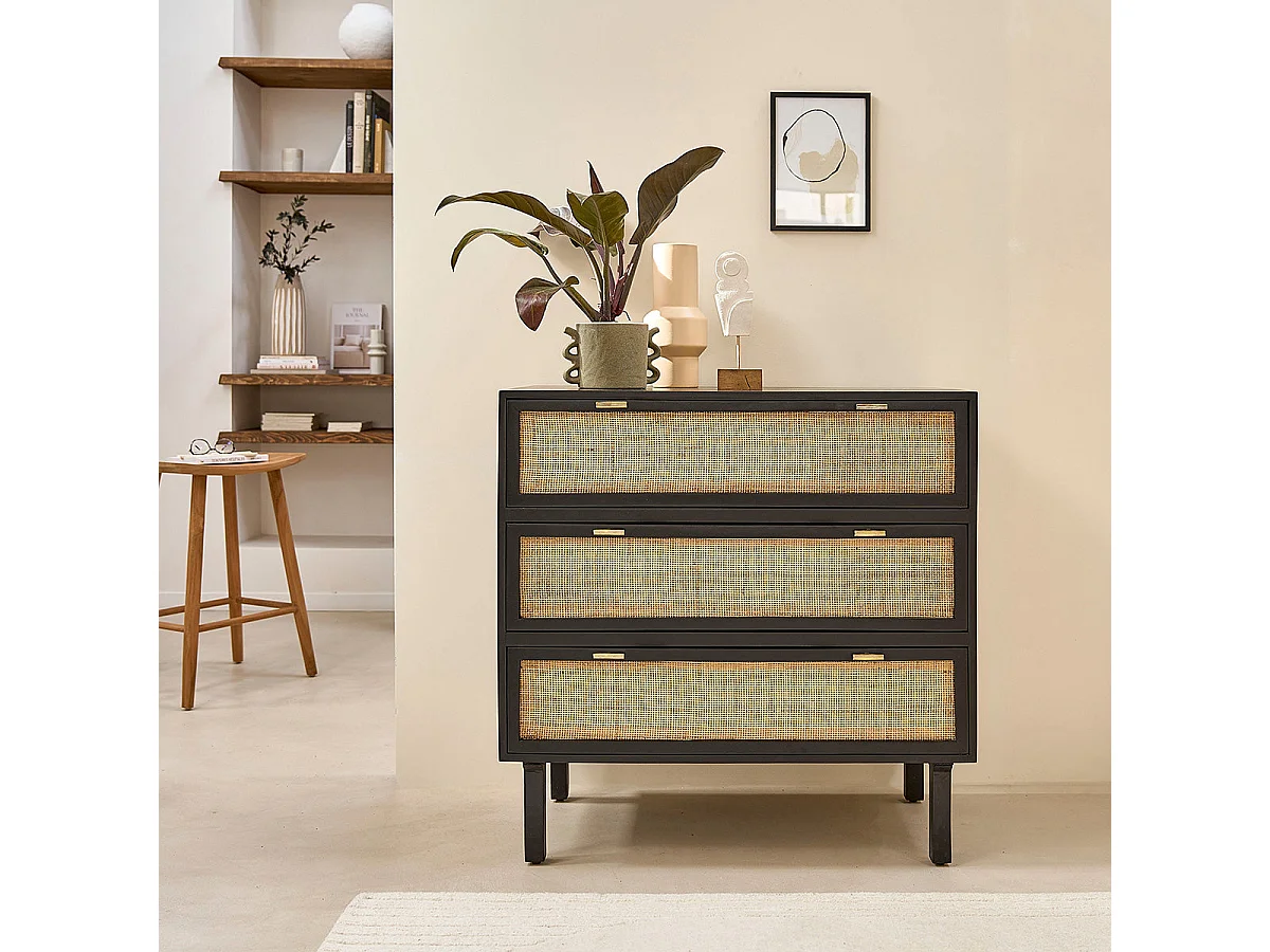 Commode en bois et cannage 90 cm 3 tiroirs