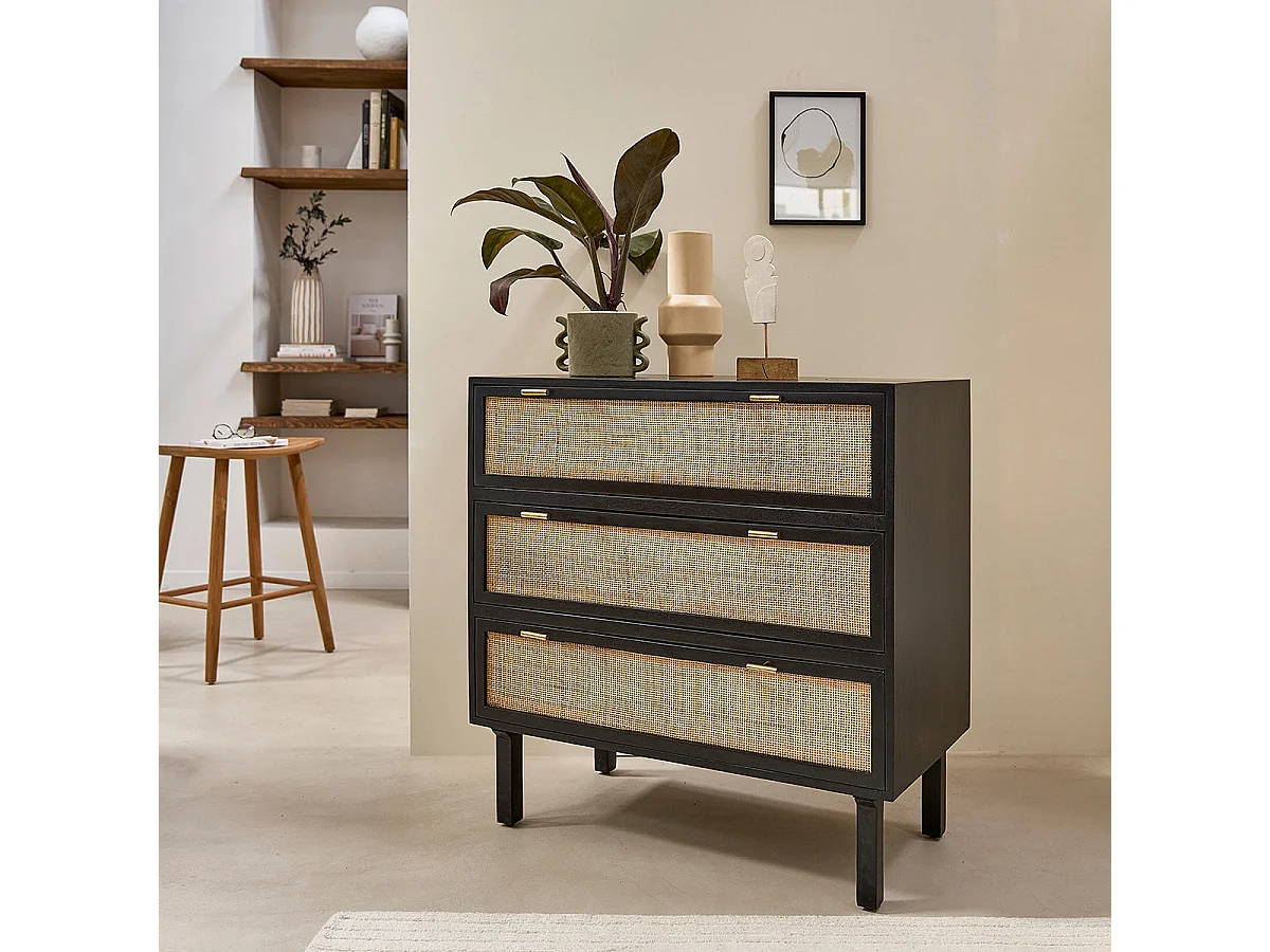 Commode en bois et cannage 90 cm 3 tiroirs