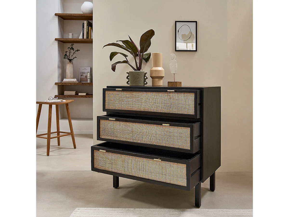 Commode en bois et cannage 90 cm 3 tiroirs