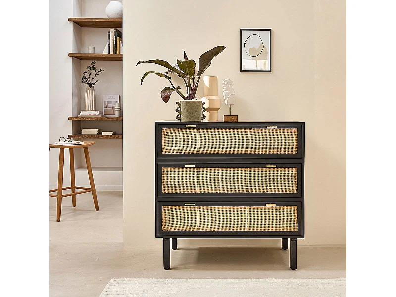 Comò in mango massello e vimini nero 90 cm